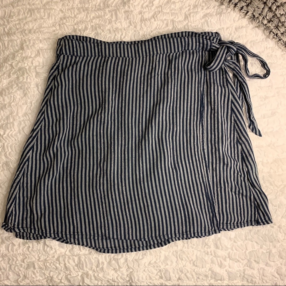 Navy and white striped wrap front skirt